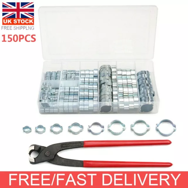 150x Double Ear Clamp O Clips Kit Crimp Air Silicone Petrol Water Fuel Hose Pipe