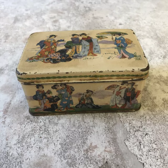 Antique Tin Ad Geisha Tea Box Japan Old Asian Pattern