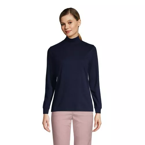 New Lands End Women Supima Shaped Turtleneck Shirt Navy Blue Small Petite Sp