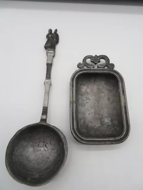Antique Rare German Pewter Wedding Spoon With Tray