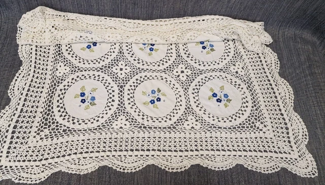 VINTAGE Linen HAND EMBROIDERED Floral Tablecloth White Blue Square