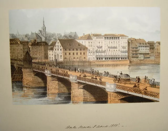 Basel Rheinbrücke Dom Schweiz seltene alte altkolorierte Lithographie 1840