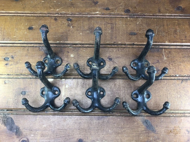6 Old Vintage Heavy Duty Shoolhouse Coat & Hat Acorn 3 Hooks Triple Cast Iron
