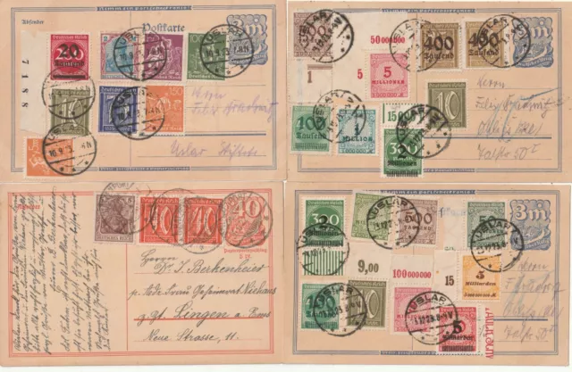 4 Infla-Postkarten mit interessanten Zusatzfrankaturen (Eckrand, Randst.)