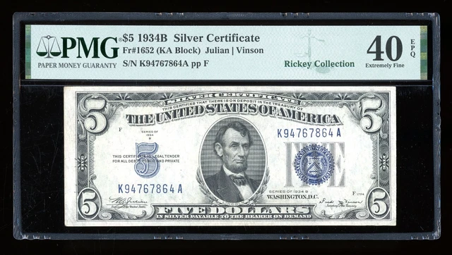 DBR 1934-B $5 Silver Fr. 1652 Vinson KA Block PMG XF-40 EPQ Serial K94767864A