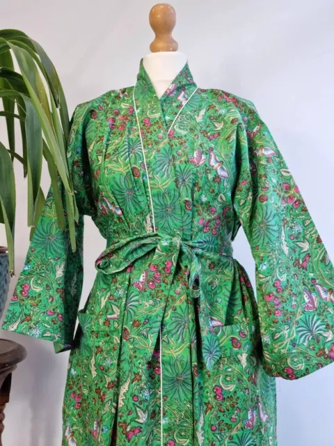 Green Robe Cotton Long Kimono Floral Women's Nightwear Indian Robe Gown Dress US