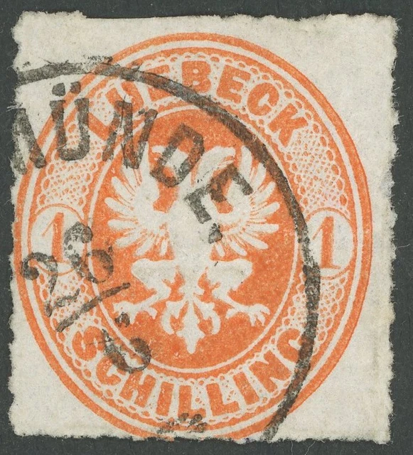 LÜBECK 1863, 1 S. rötlichorange, durchstochen 11 3/4, K1 TRAVEMÜNDE, oben