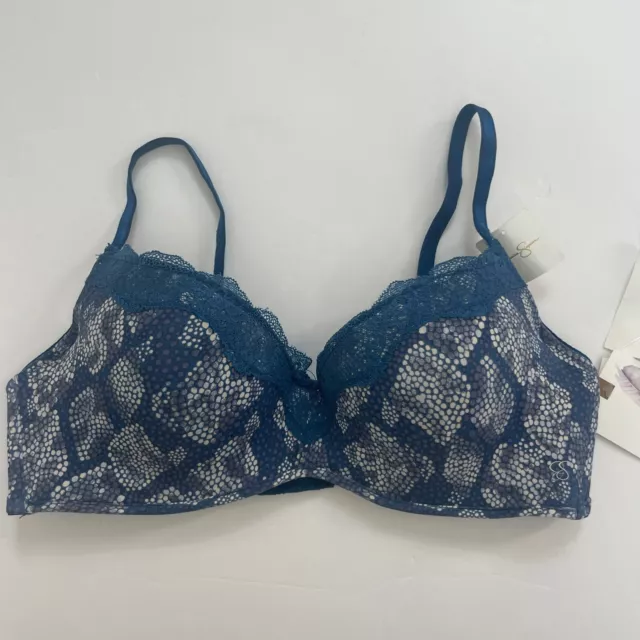 Jessica Simpson Blue Lace Floral Padded Push Up Bra Size 38D Underwire