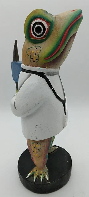 Anthropomorphic Frog Doctor Vet Wood Carved Statue Folk Art Hiding Shot? 12" Lrg
