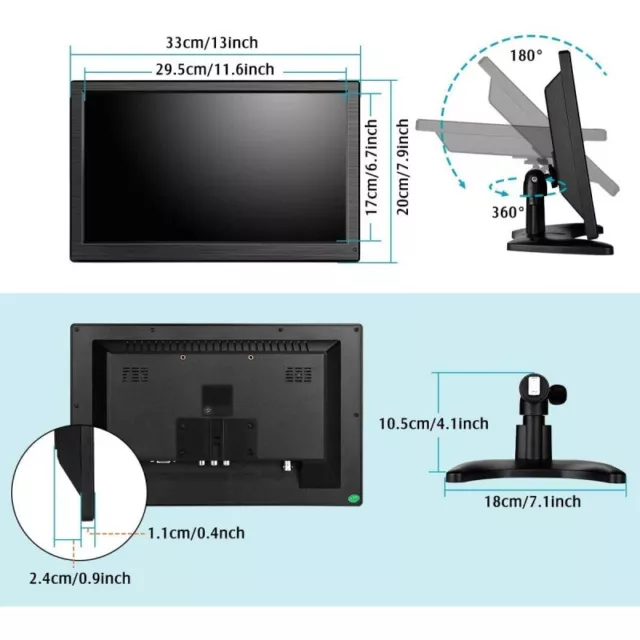 Monitor HDMI VGA Schermo LCD TFT 13.3" POLLICI 1080p Altoparlante BNC USB RCA 3