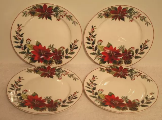 Grace Teaware Christmas Poinsettia Holly 8" Salad / Side Plates Set of Four New