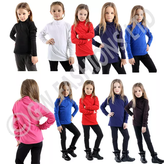 Girls Boys Kids Polo High Neck Tops Long Sleeve Plain Basic Roll Neck Shirts