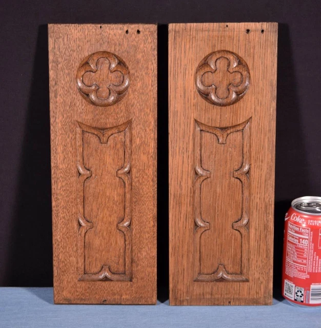 *Pair of Gothic Carved Architectural Panels/Trim in Solid Oak Wood Salvage