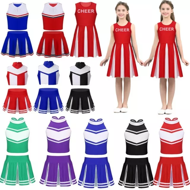 Kids Girls Cheerleading Costume Crop Top Pleated Skirt Set School Cheer Uniform