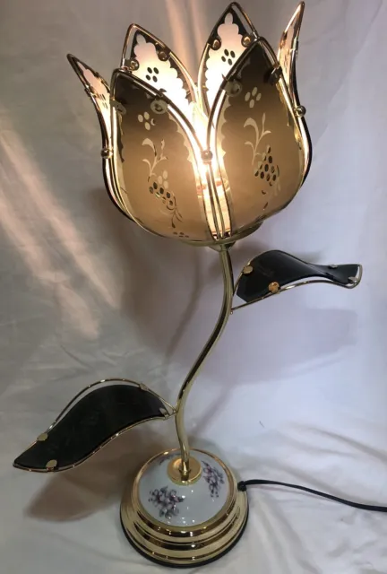 VTG Mid Century Lotus Table Lamp Glass Petals Hollywood Regency 4 Way Black HTF!