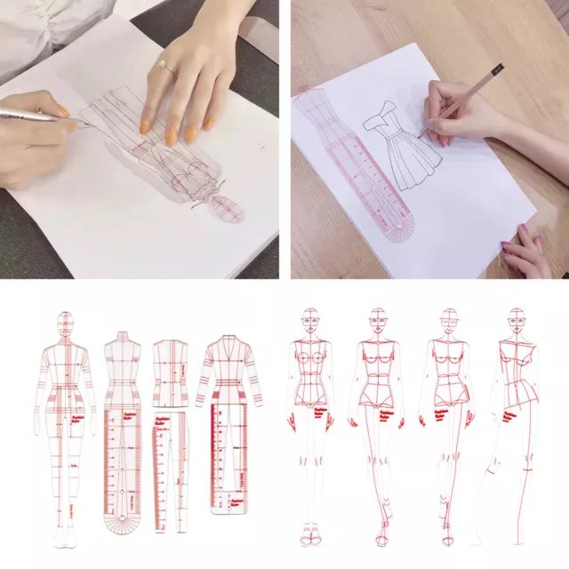 4 Modelle Mode Herrscher Set Nähen französische Kurve Skizze Vorlage für