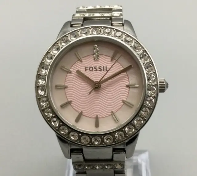 Fossil Jesse Watch Women Silver Tone Pave Pink MOP Dial 50M New Battery 6.25"