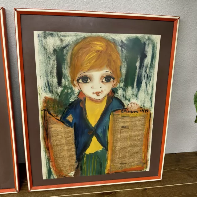 Vintage 1974 ROGER ETIENNE Big Eyes Boy & Girl Framed Mixed Media Art Paintings 2