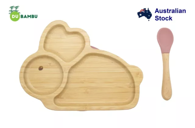 Bamboo Kids Children Baby Plate Bowl & Silicon Suction Cap Base & Spoon - Rabbit