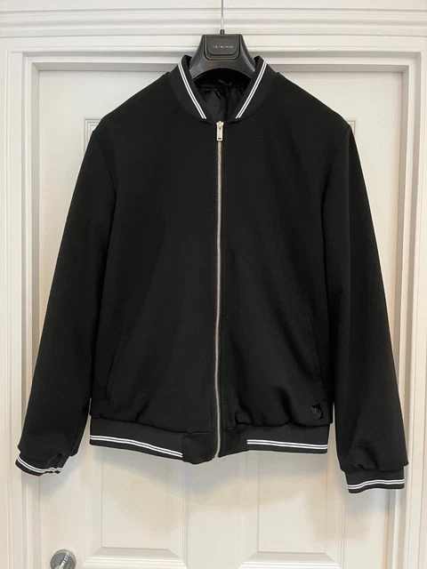 Giacca Bomber River Island Uomo Nero, Collare/Polsini a Righe Bianche, Lge, Nuova con etichette 