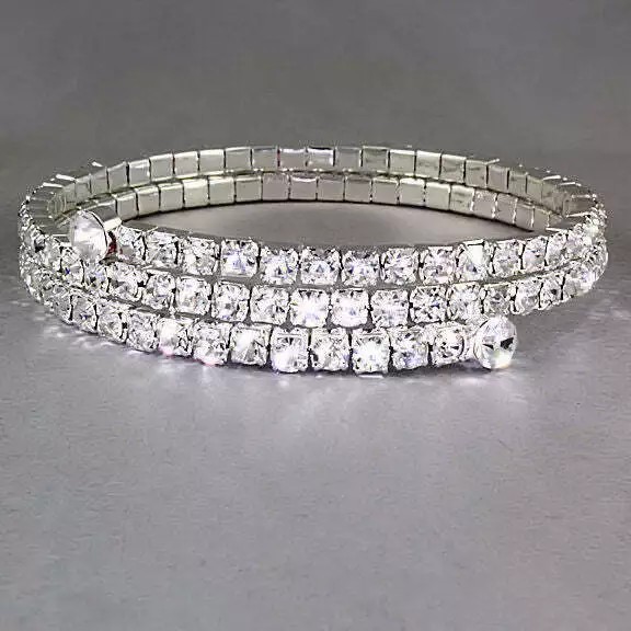 Brianna: 2 Row Wrap Around Clear Crystal Flex Cuff Bangle Bracelet