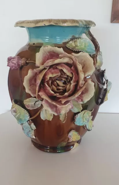 19thC Barbotine Majolica Pottery Vase 28cm high x 25cm wide