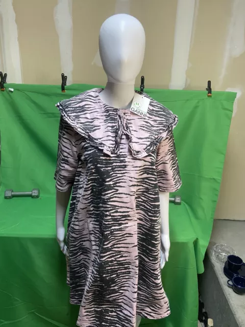 NEW Ganni denim mini dress J1050 TIGER STRIPE LIGHT LILAC AUTHENTIC NWT $375
