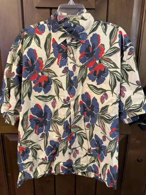 Duck Head Men's Large Hawaiian Print Shirt 100% Cotton Beige w Tropical Flowers