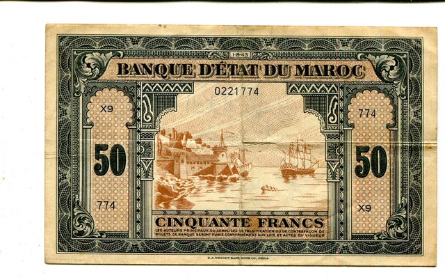 Morocco 50 Francs 1943 Vf Nr 35.00