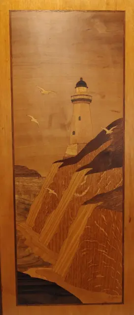 Hudson River Inlay Picture - Lighthouse Overlook - Wood Marquetry 23 X 11