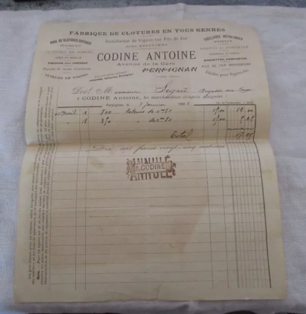 Vieux Papier Ancienne Facture Codine Antoine A Perpignan Po 66 Fabrique Clotures
