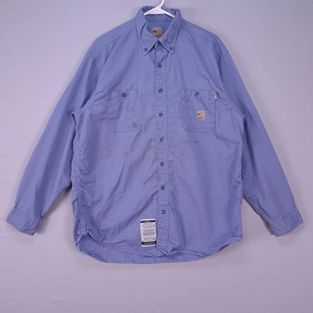 Carhartt FR HRC1 Button Shirt Mens 2XL Blue Long Sleeve Flame Resistant Flaws