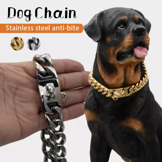 Heavy Duty Dog Choke Chain Collar Stainless Steel Metal Necklace Cuban Link Gold