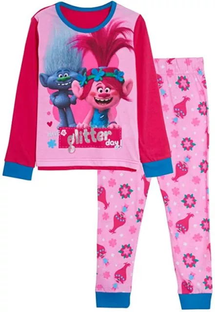 Girls Trolls Long Pyjamas Kids Poppy Full Length Pjs Nightwear Loungewear