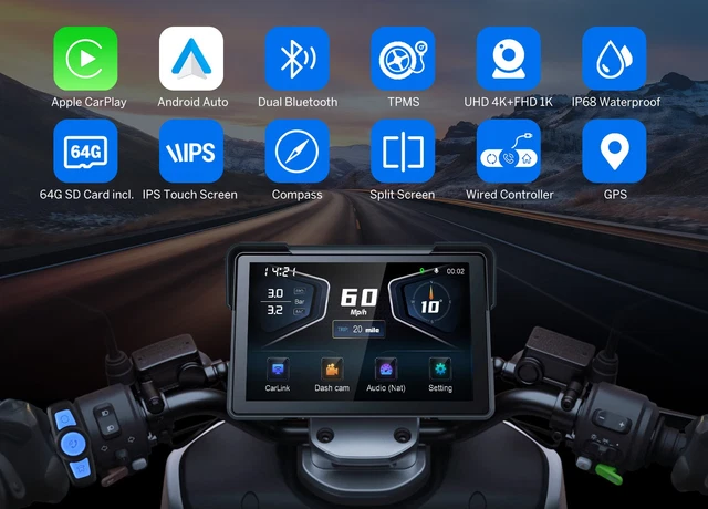 PORTABLE WIRELESS CARPLAY Navigator For Motorcycle Android Auto 7 ...
