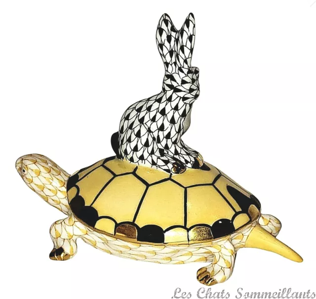 Herend, Tortoise & Hare Porcelain Figurine, Black + Butterscotch, Flawless 2