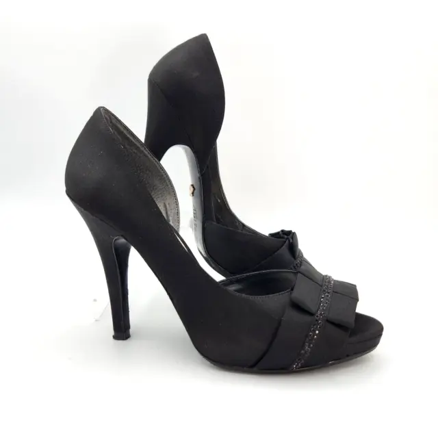 Nina Size 7 M Elanna Heels Black Luster Dress Shoes Beaded Ribbon Toe NOTE WEAR