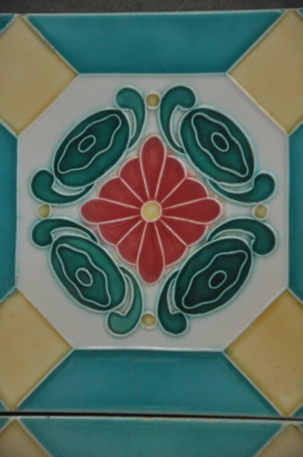 4 Pc Vintage Flower Embossed D.K Mark Design Majolica Ceramic Tiles,Japan 2