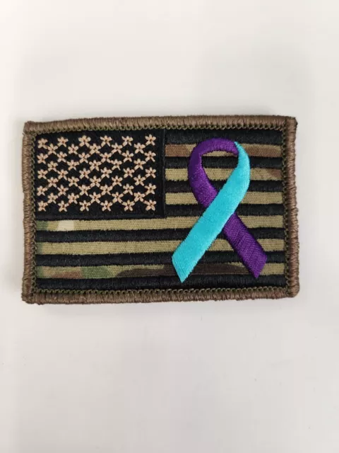 Suicide Awareness ribbon US flag patch Hooked Backed Purple and Teal USA