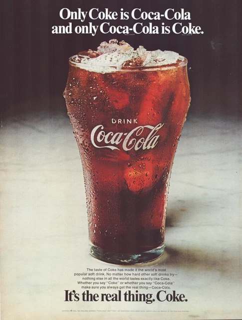Print Ad Coca-Cola 1969 Iconic Glass Real Thing Full Page Magazine 10.5"x13.5"