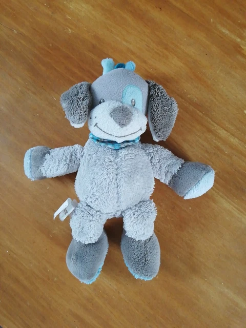 O/ Doudou Peluche NATTOU Chien Cyril Gris Et Bleu Hochet Grelot