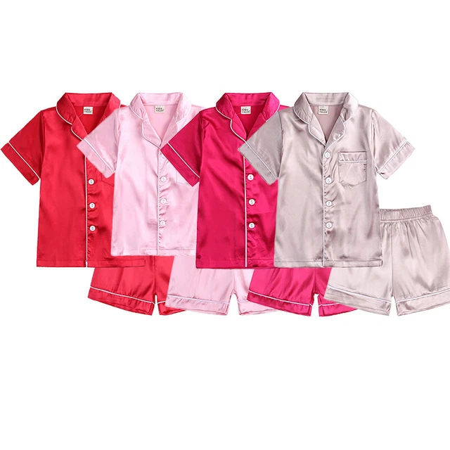 Kids Boy Girl Silk Satin Pyjamas PJS Set Short Sleeve T-Shirt Shorts Sleepwear