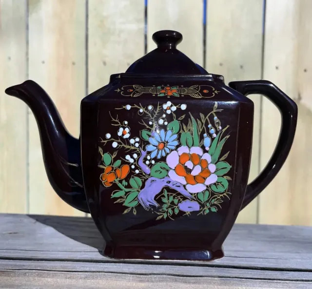 Vintage Teapot Brown Hand Painted Floral Moriage Paint, Gold Trim, Japan