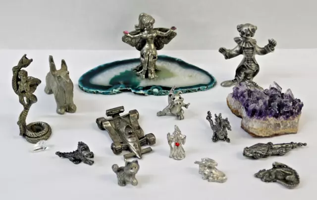 Lot Of 12 Miniature Pewter Figurines Fairy Dragon Wizard Cat Dog Cobra Clown Car