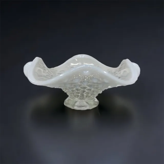 Moonstone Bowl Opalescent Hobnail White Ruffle Candy Sugar Glass Dish Handles