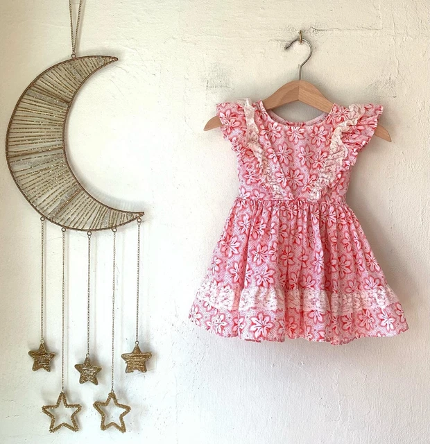vtg Betty Oden  little girl dress lace 50’s Trim  ruffles flare floral 2t