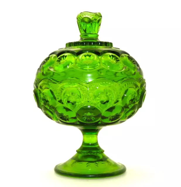 L.E. Smith Emerald / Apple Green Glass Moon & Stars Covered Pedestal Candy Dish