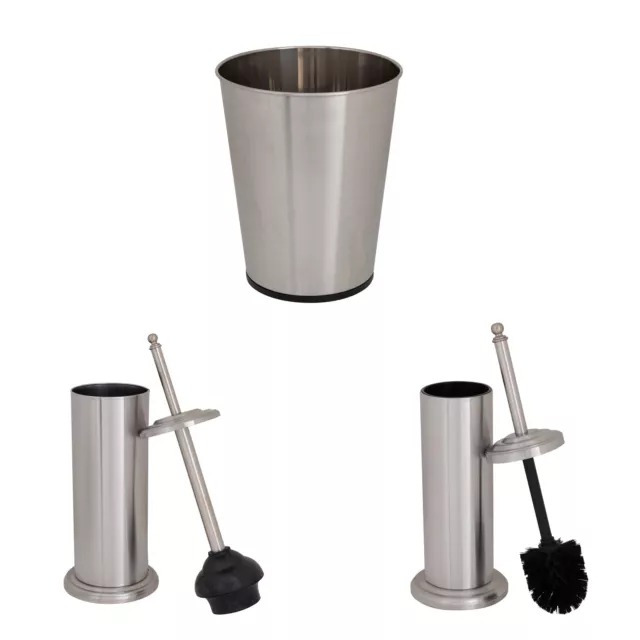 Stainless Steel Trash Can, Plunger, ＆ Toilet Brush Iron Collection Set Bathroom