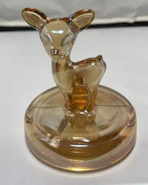 Vintage Jeanette Marigold Carnival Glass Deer Fawn Powder Jar Trinket *Lid Only*