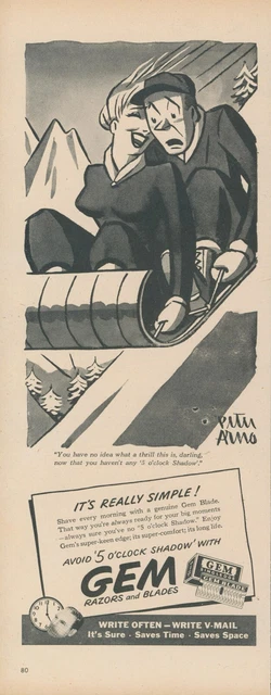 1945 Gem Razors Blades A/S Peter Arno Cartoon Toboggan Couple Vtg Print Ad L21